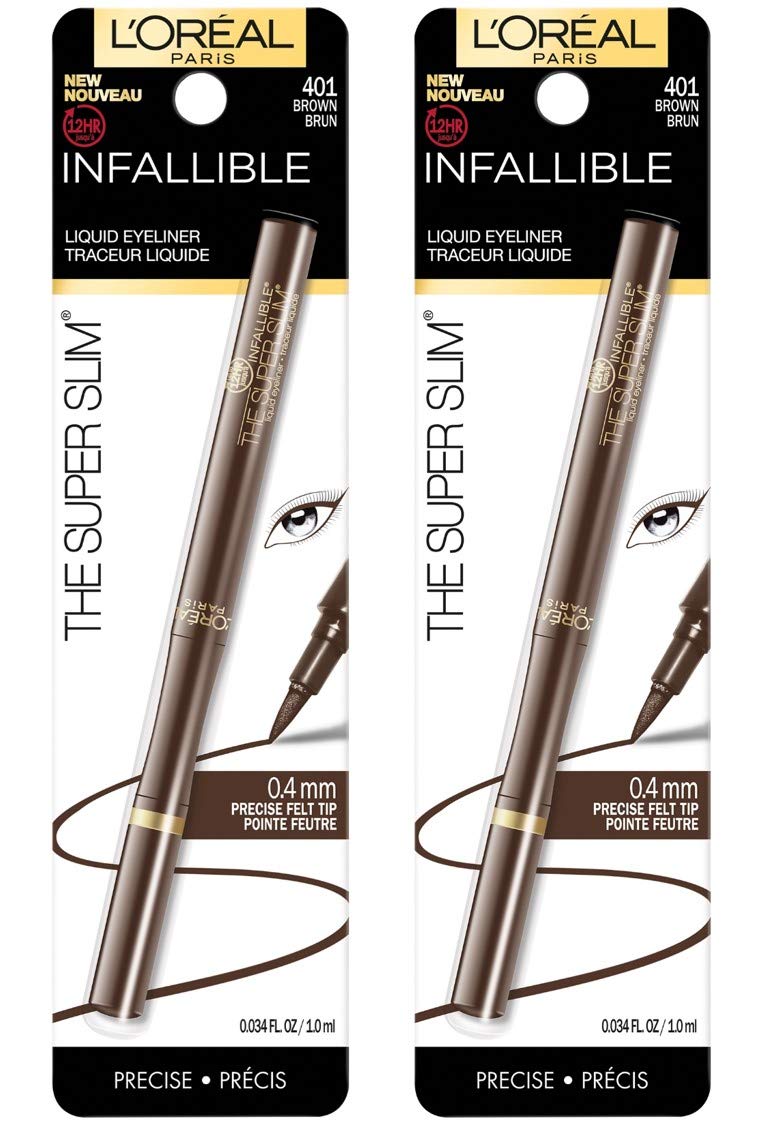 L'Oreal Paris Makeup Infallible Super Slim Long-Lasting Liquid Eyeliner, Ultra-Fine Felt Tip, Quick Drying Formula, Glides on Smoothly, Brown, Pack of 2