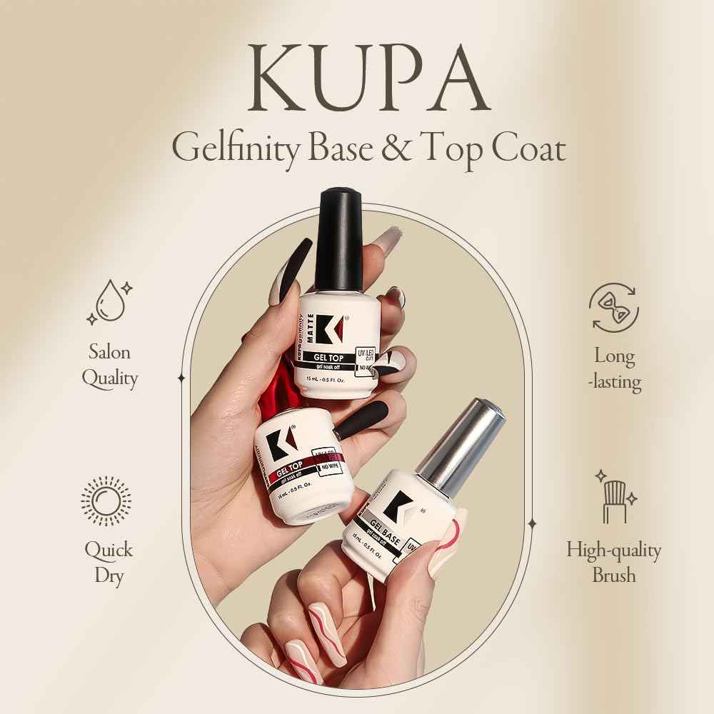 KUPA Gelfinity - Soak Off Gel - Base & Glossy Top & Matte Top Coat (No-Wipe) 0.5 Fl Oz Pack of 3