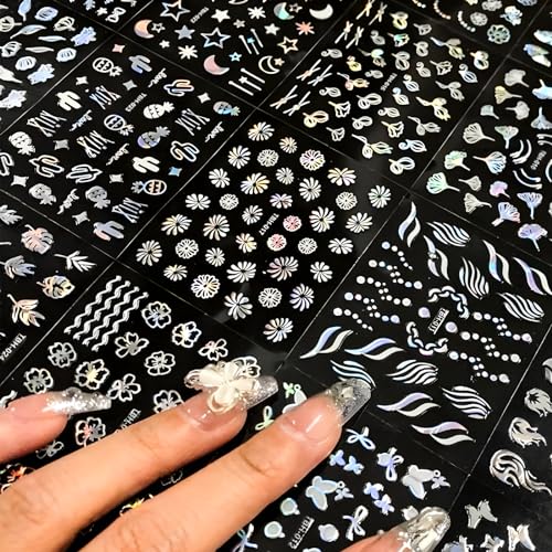 30 Sheets Aurora Nail Art Stickers Decals 3D Self Adhesive Flower Nail Stickers for Nail Art Moon Star Nail Decals Leaf Heart Nail Design for DIY Acrylic Nails Decoration Accessories for Women Girls