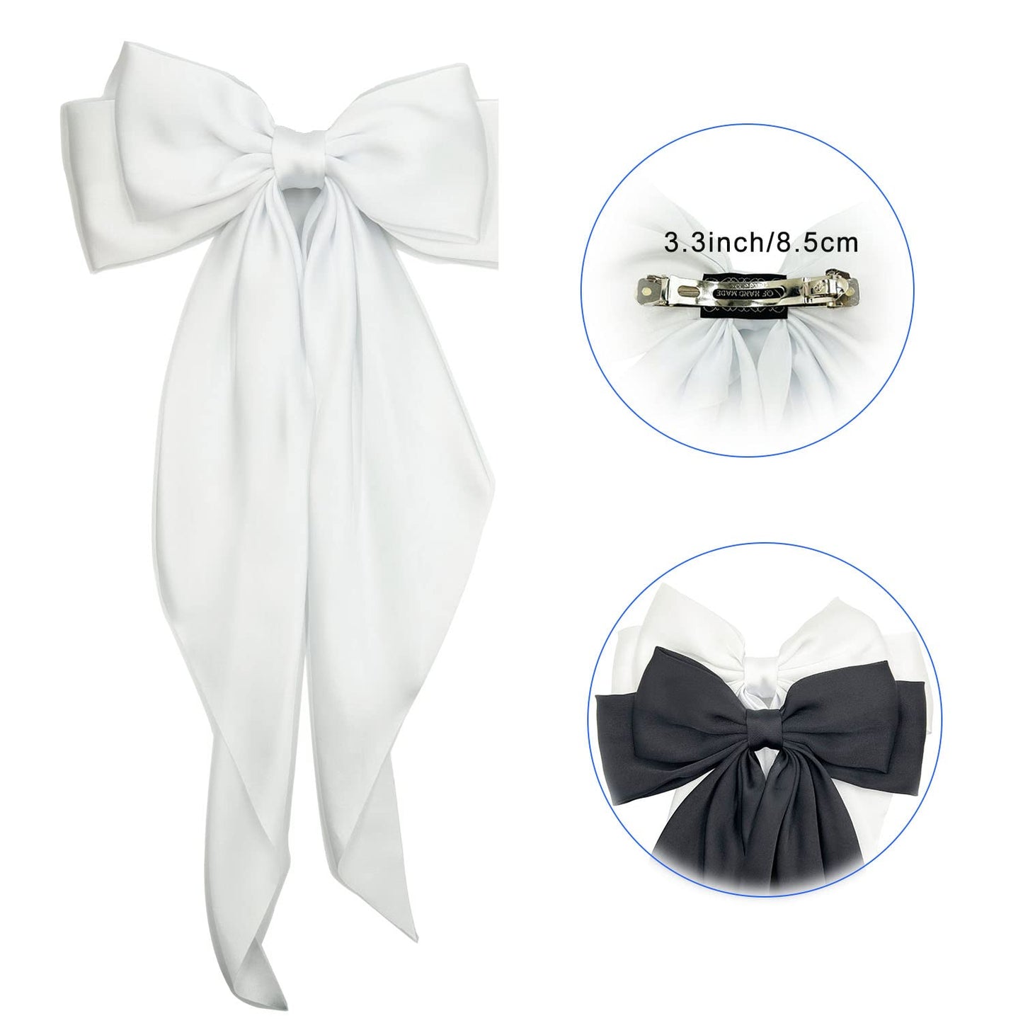 Satin Hair Barrettes Clip for Women Large Bow Hair Slides Metal Clips French Barrette Bowknot with Long Tail Silk Hair Bow Hairpin 90's Hair Accessories (White+White)