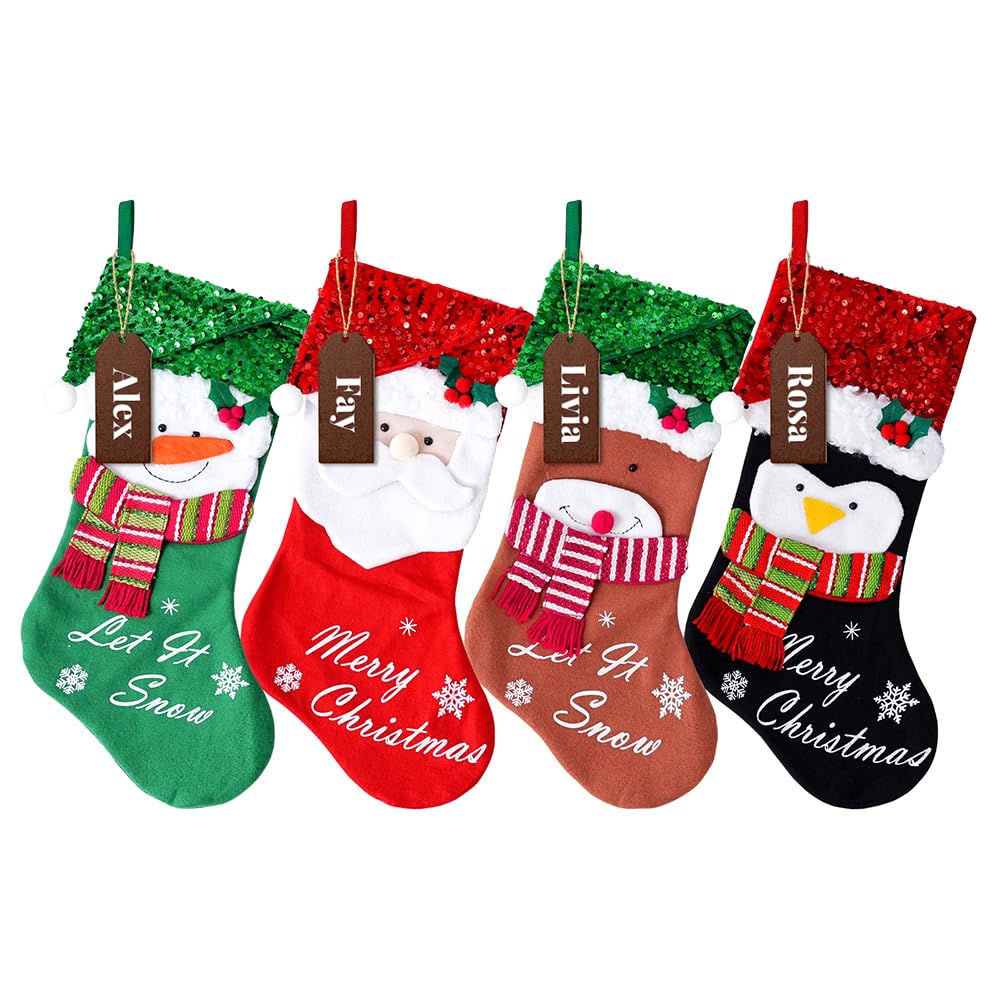 NIBESSER Christmas Stockings Set of 4, 18" Sequins Classic Farmhouse Large Christmas Stockings with 3D Santa, Snowman, Polar Bear, Penguin for Family Holiday Party Christmas Decorations