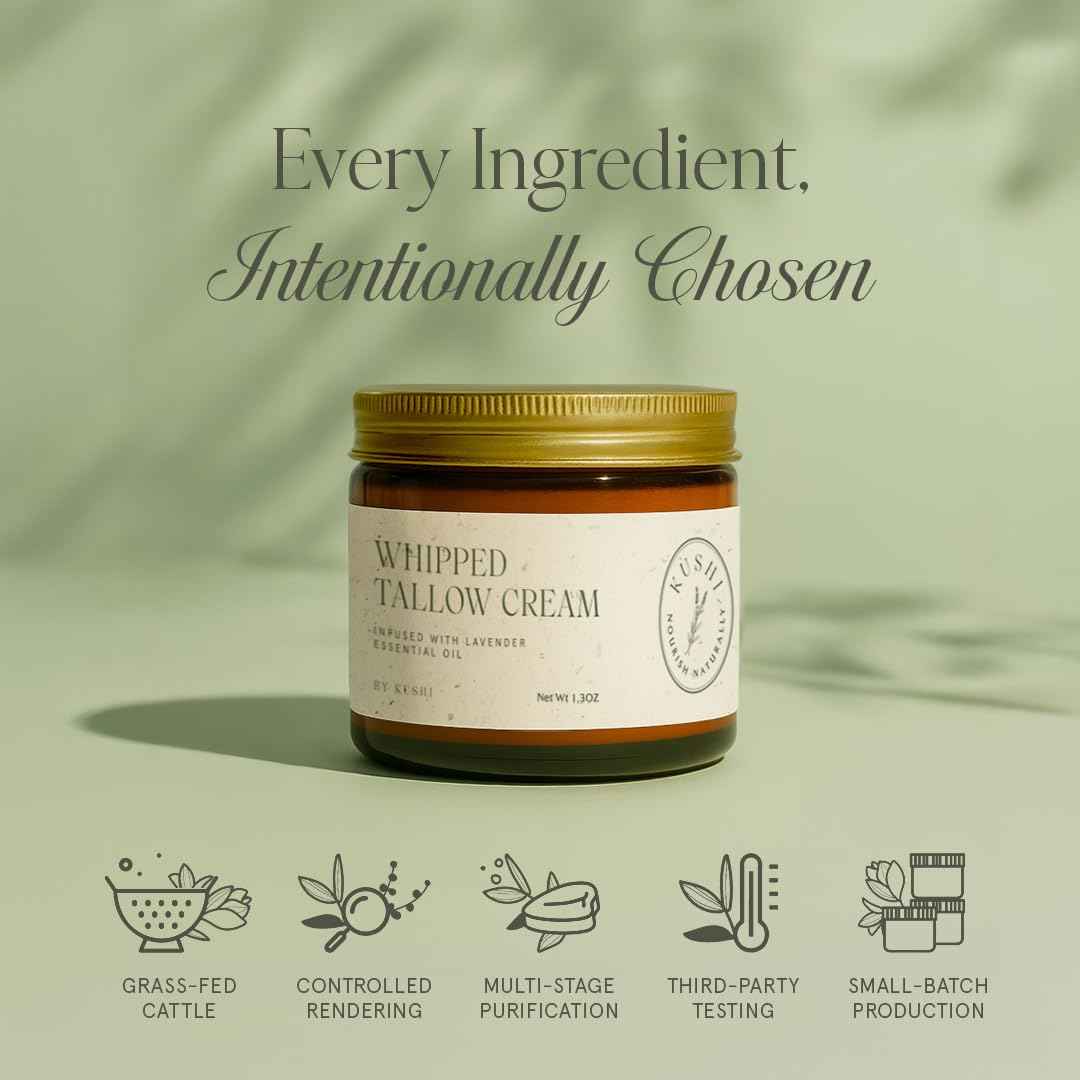 KUSHI Grass-Fed Whipped Tallow Cream Moisturizer for Face & Body – Organic Lavender – Vitamins A, D, E, K – Paraben & Sulfate Free, All-Natural Skin Care – 1.3oz
