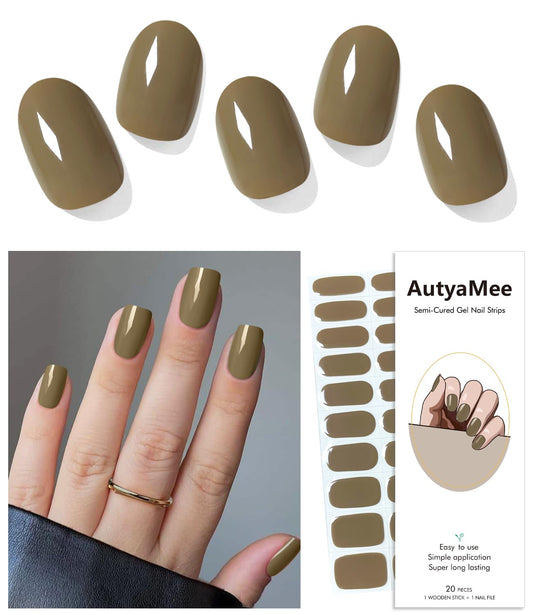 AutyaMee Semi Cured Gel Nail Strips (Olive Green)-20 PCS Gel Nail Stickers | Gel Nail Wraps | UV Light Required, Salon Quality & Easy to Use