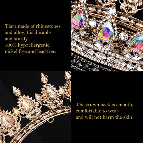 COCIDE Gold Crown for Women Aurora Borealis Crystal Tiara Bridal Hair Accessory