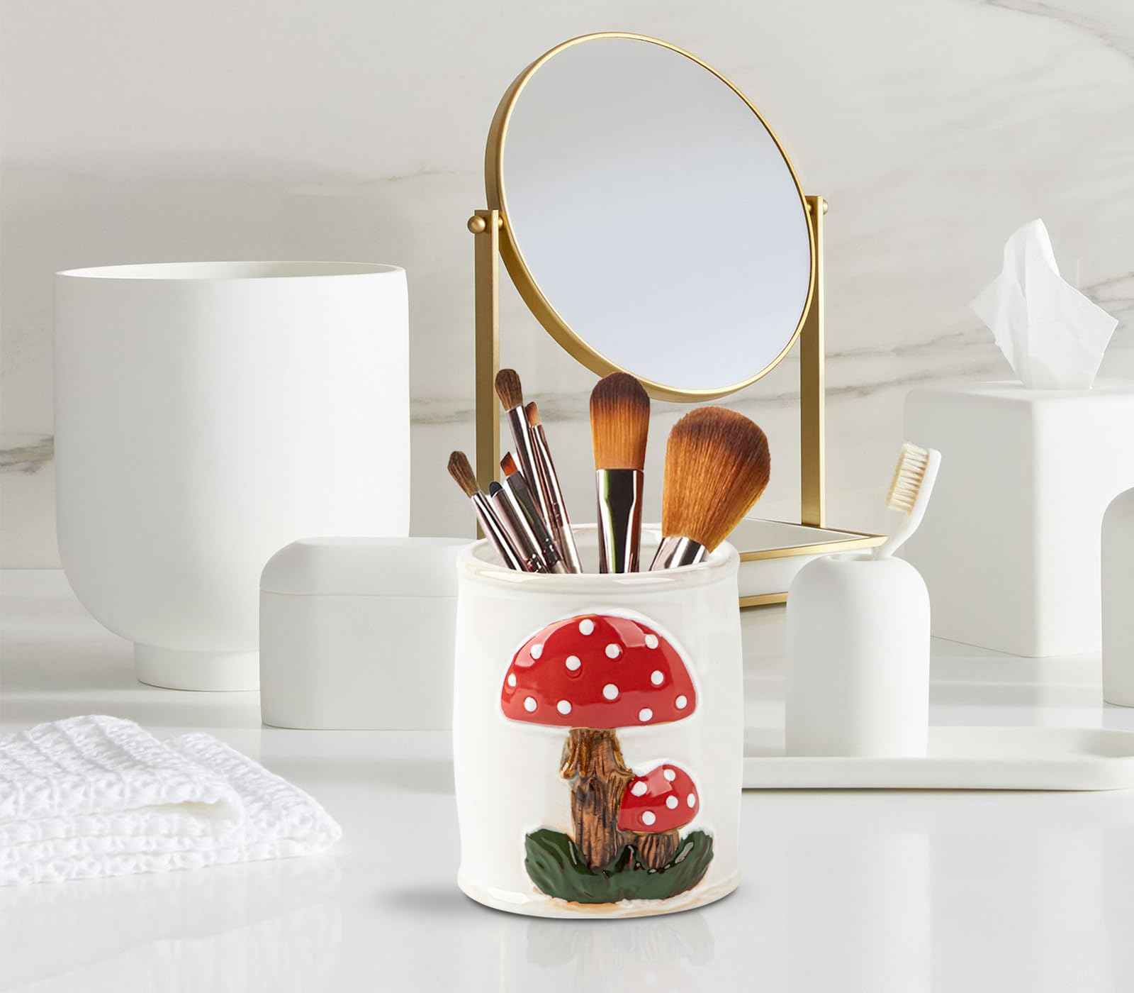 dgudgu Mushroom Makeup Brush Holder Ceramic Makeup Brush Organizer White Make Up Brush Holder Organizer