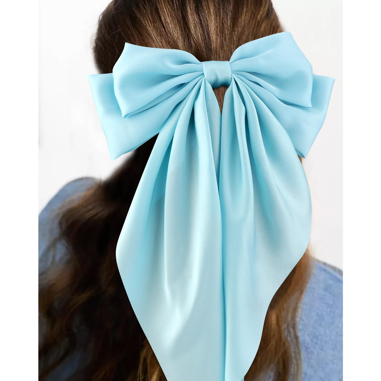 Velscrun Women's Hair Bows Set - 3Pcs Silky Satin Oversized Barrettes with Long Tail Ribbons in White, Black, and Bright Blue