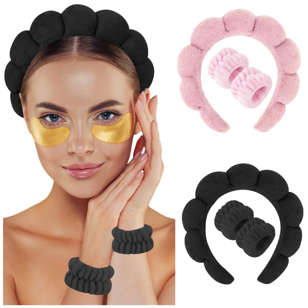 AHONEY 2 Set Spa Headbands for Washing Face and Wristband Set, Skin Care Headband Sponge Facial Skincare Headbands Terry Cloth Puffy Makeup Accessories for Women Girls (Black&Pink)