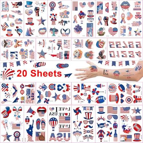 4th of July Tattoos Temporary for Kids Adults 20 Sheets 158PCS Fourth of July Party Favors Patriotic Stickers Independence Day Accessories American Flag Red White and Blue Decorations Party Supplies
