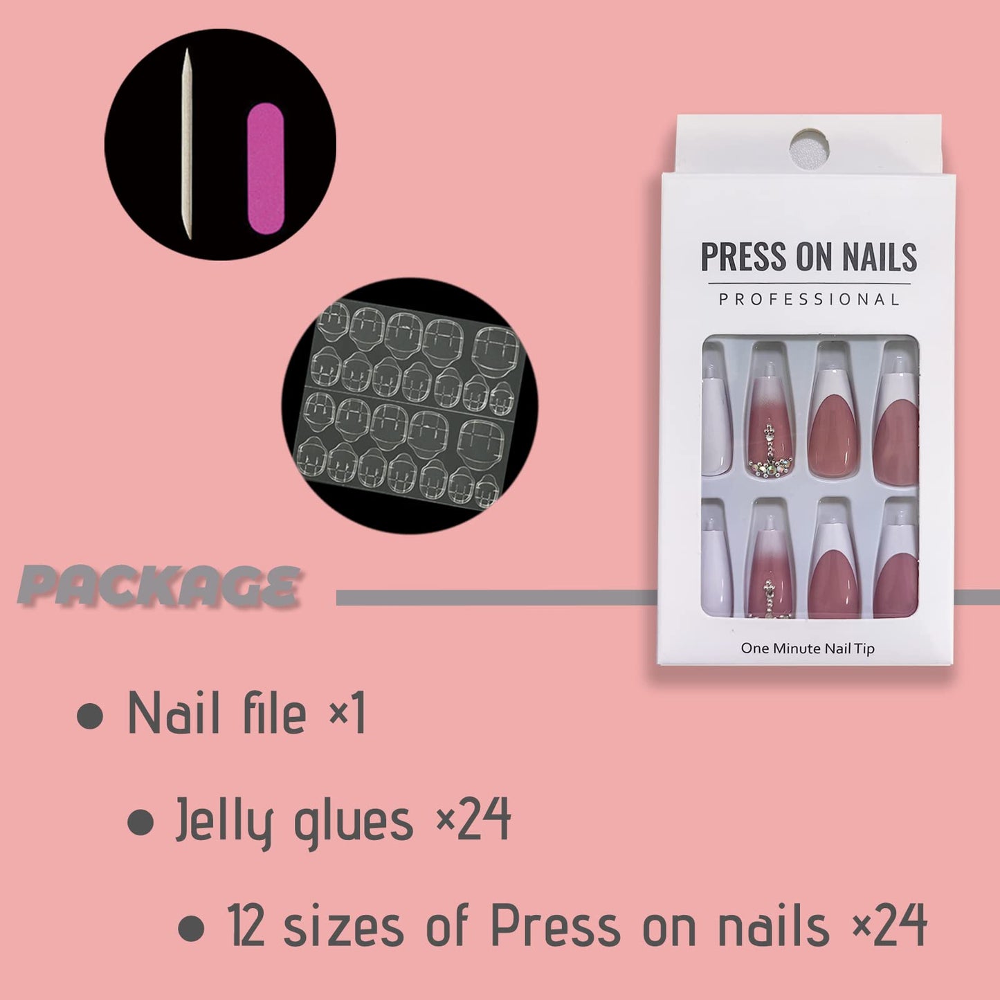 FOAMEE French Tip Press on Nails Medium Coffin Fake Nails with Luxury Rhinestones Designs Acrylic Glossy False Nails for Women