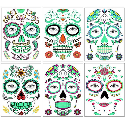 Glow in the Dark Temporary Face Tattoos, 6 Sheets Sugar Skull