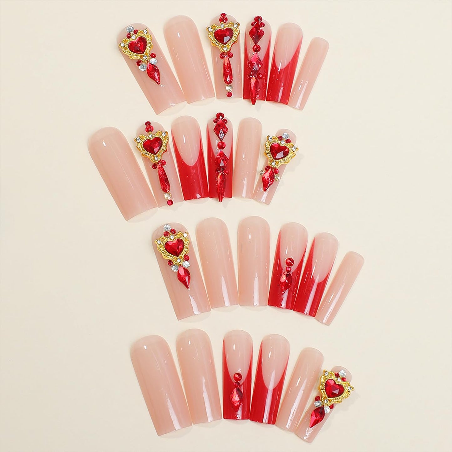 Generic Red French Tip Press on Nails Square Long Fake Nails With Red Rhinestones Designs Full Cover False Nails Acrylic Stick on Nails Reusable Artificial Nails for Women Girls Glue on Nails 24Pcs