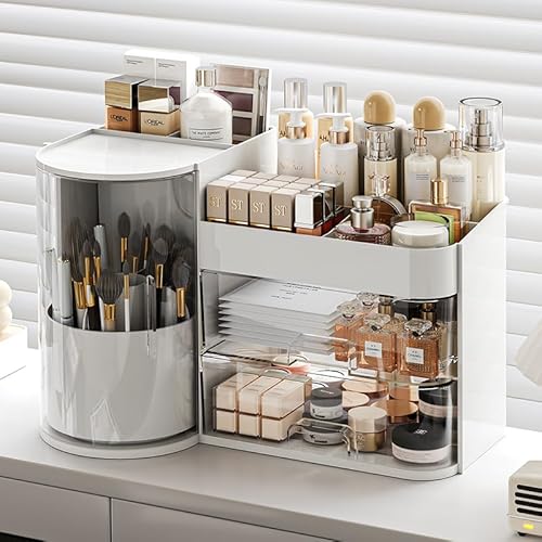 Makeup Organizer 14" D x 8.3" W x 9" H Cosmetic Organizer with Drawers Countertop Skincare Organizer for Vanity Cosmetic Display Case Storage Rotating Brush Holder (White)
