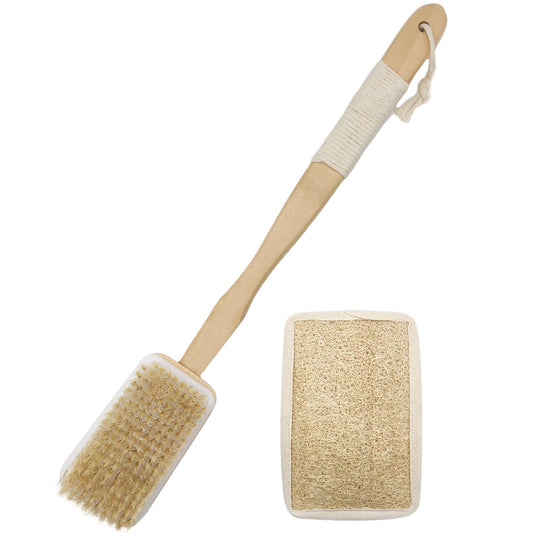 DAKOUDAI Back Scrubber for Shower with Bristles and Loofah, Body Scrubber for Exfoliating and Massage with Curved Long Handle, Wet or Dry Brushing Body Brush (1 x Bristles & Loofah Brush)