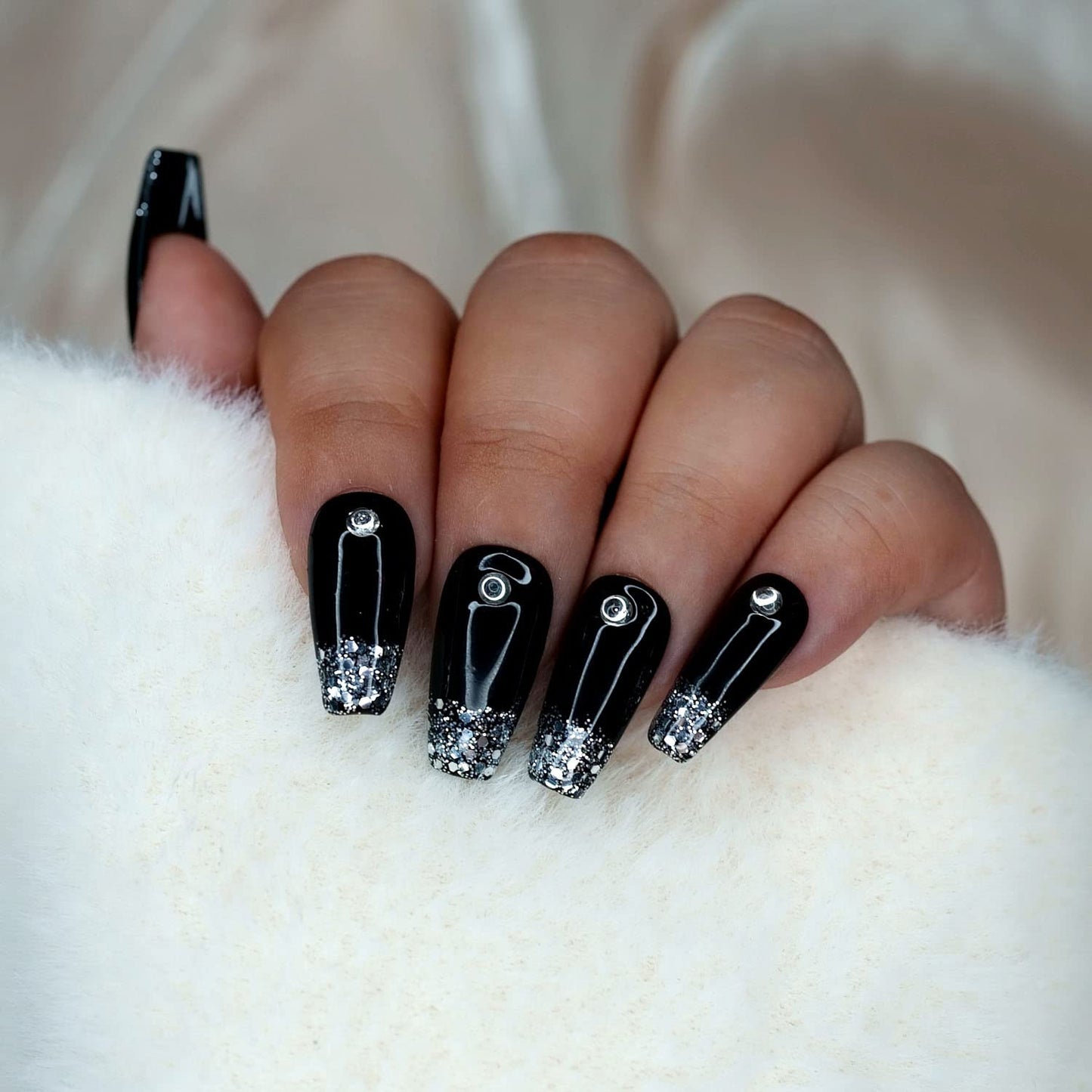 10 Pcs Handmade Press on Nails (X-Small, Black With Silver Glitter French Tip Rhinestones/Short Coffin) A035XS