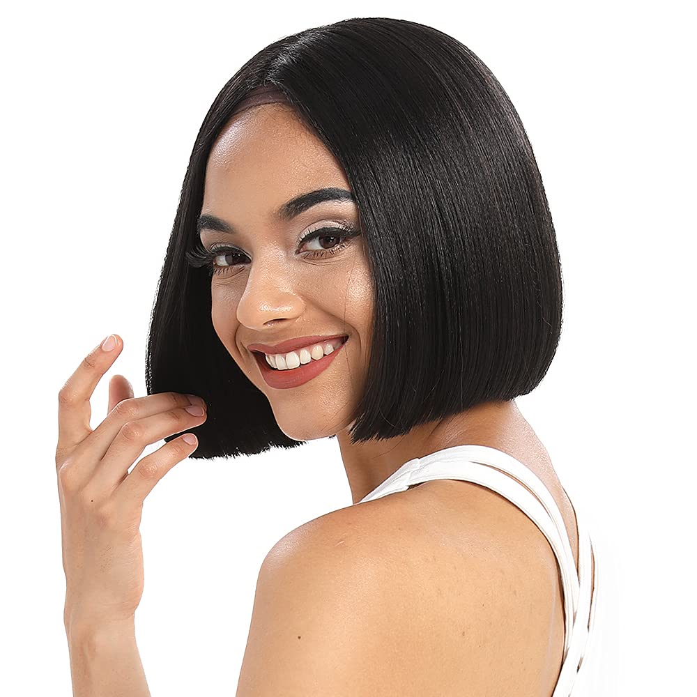 NOBLE Black Bob Wigs for Women Short Straight T Part HD Lace Front Wigs 150% Density Heat Resistant Synthetic Blunt Cut Black Bob Wigs for Party and Daily Use (10 Inch, Natural Black)