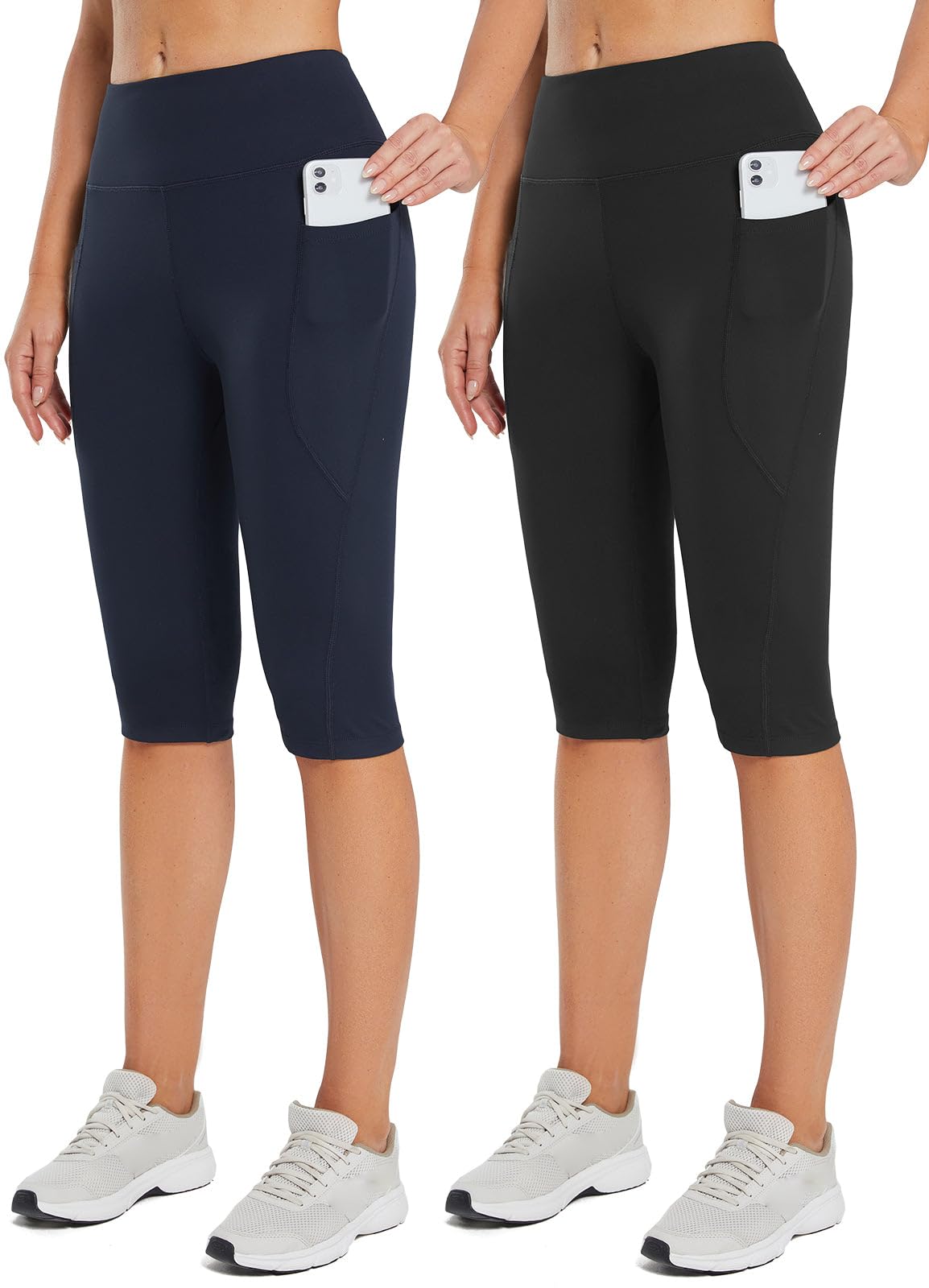 BALEAF Women's Capri Leggings Knee Length High Waisted Plus Size Yoga Casual Workout Exercise Capris with Pockets 2-Pack Black/Navy Blue XS