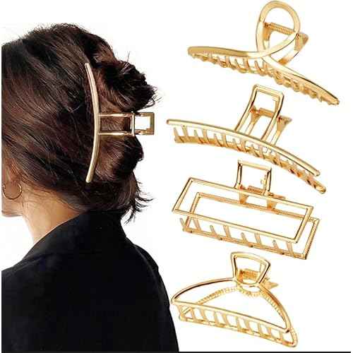 4 Pack Large Metal Hair Clips for Thin to Thick Curly Hair, 4.3 Inch Big Nonslip Gold Color Clamps, Perfect Fashion Jaw Claw Hair Styling Accessories for Women and Girls, Christmas Gifts