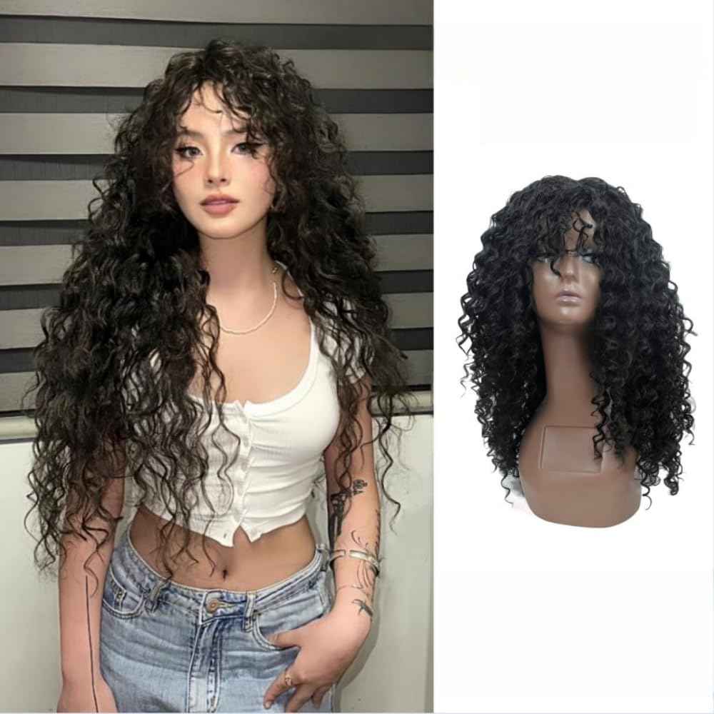 QJK Long Density Curly Wigs for Woman Dark Brown 25.6 Inch/65cm Natural Color Synthetic Hair Daily Use Cosplay