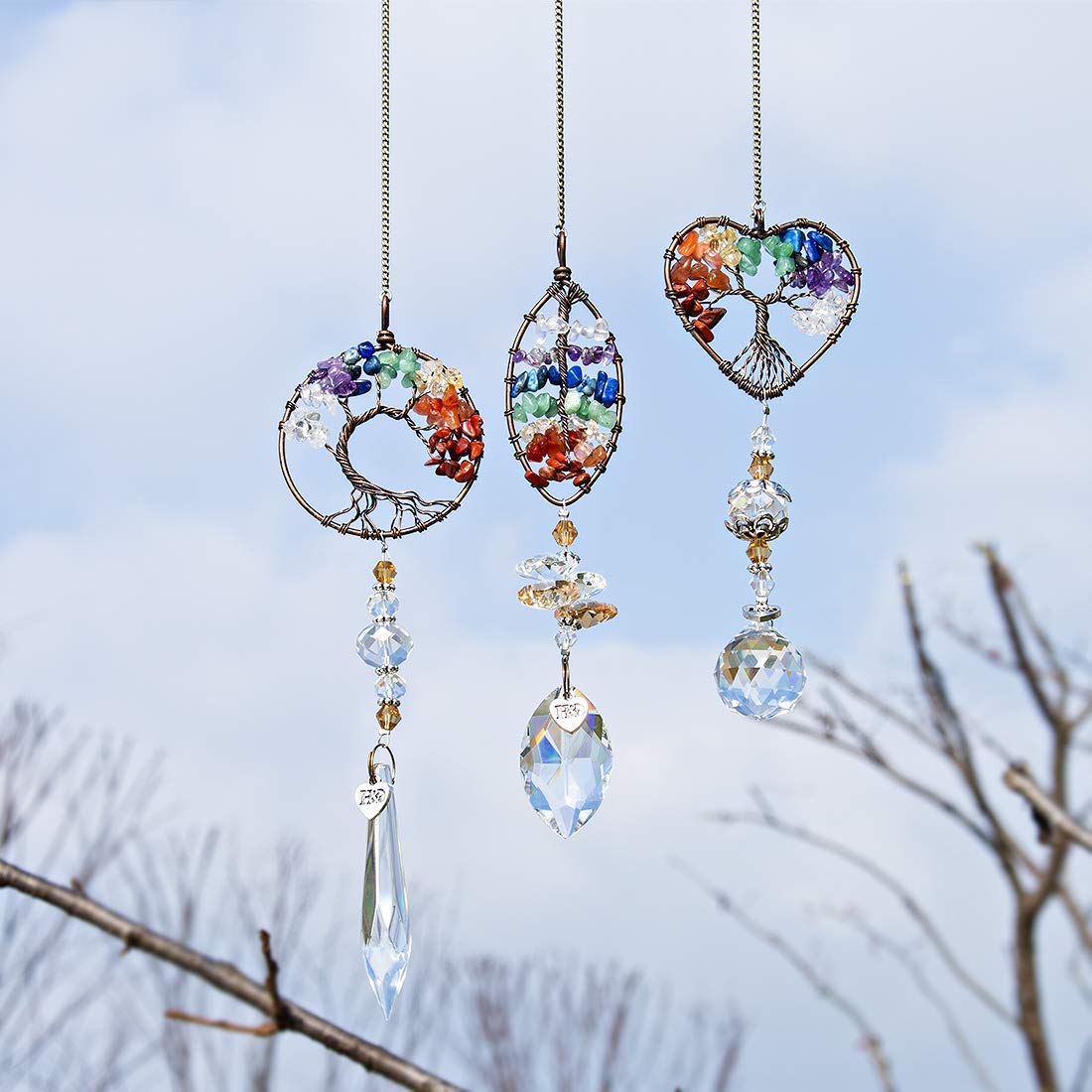 H&D HYALINE & DORA Sun Catcher Hanging Crystal Tree of Life and Metal Angel Wing Decor Rainbow Maker Drops Hang for Window, Home, Car Charms