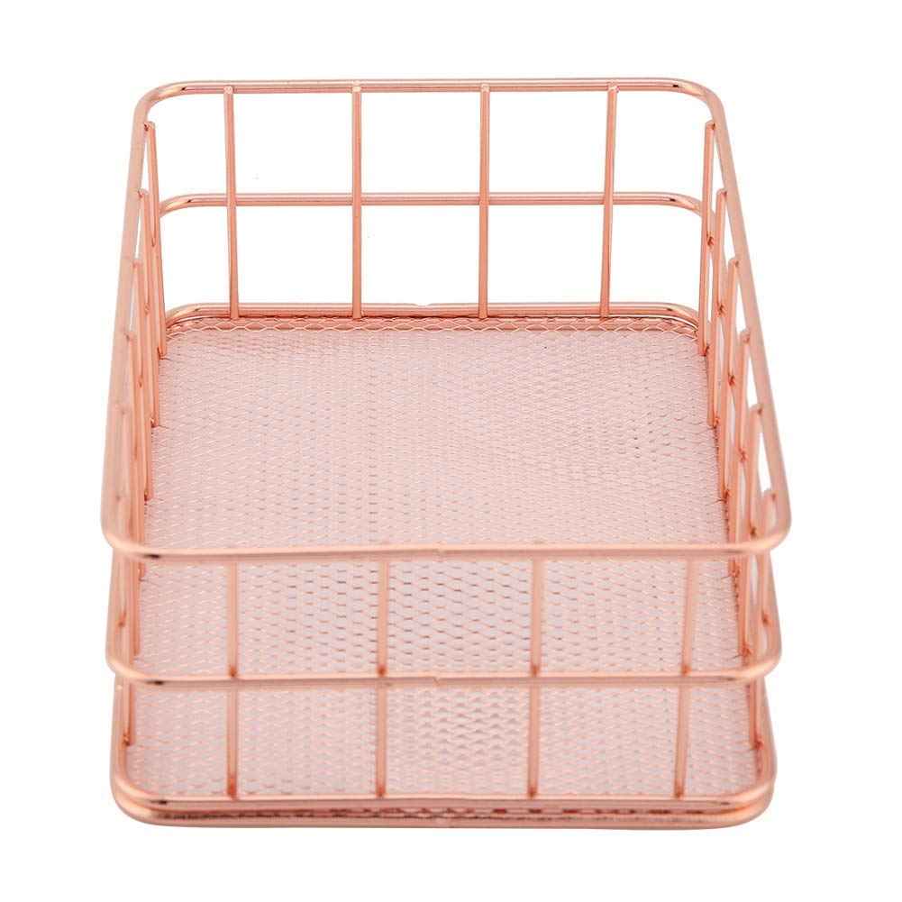 Fdit Makeup Storage Basket Organizer Rose Gold Iron Cosmetic Storage Holder Desktop Decor Household Woman Girl Lady(C)