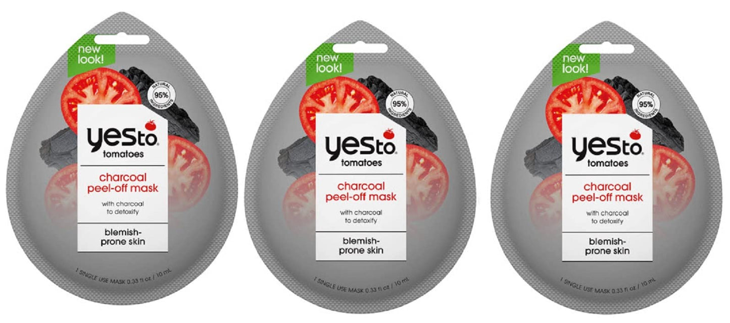 Yes To Tomatoes Charcoal Peel-Off Mask, Exfoliating Formula To Retain & Restore Skins Balance, Peel Away Impurities, With Charcoal & Antioxidants, Natural, Vegan & Cruelty Free, 3 Pack 0.33 Ounce