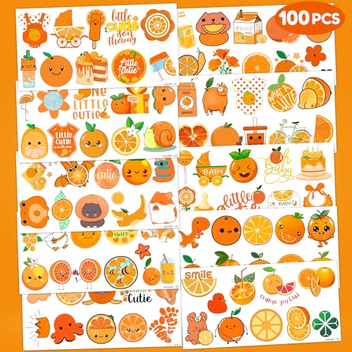 Orange Temporary Tattoos 10 Sheets 100 PCS Baby Shower Party Decorations Favors Supplies Baby Theme Birthday Stickers Christmas Gifts for Boys Girls Class School Prizes Carnival