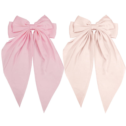 DJAIOD Hair Bow for Women, 2 Pack Pink & Powder Silky Satin Bow, Large Hair Bows, Long Bow Clip, Coquette Bows Cute barrettes for Girls