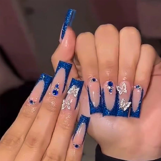 FOAMEE Press on Nails Long Coffin Bling Fake Nails with 3D Buttefly Designs Acrylic Glossy French Tip Nails False Nails for Women