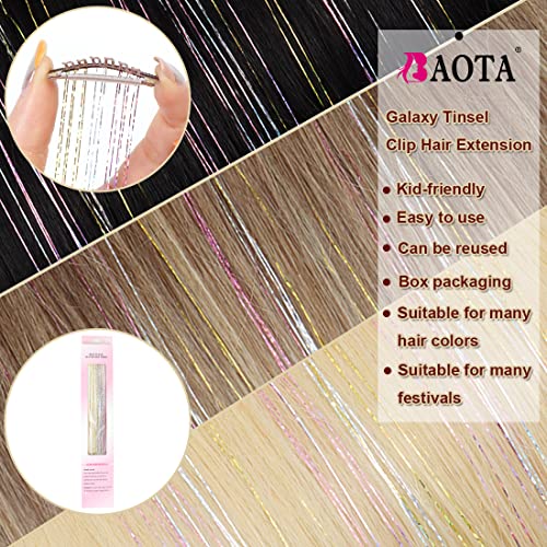 BAOTA Pink Hair Tinsel Clip in 20 inch Fairy Hair Tinsel for Kids Women Girls Dazzle Hair Accessories Glitter Hair Extensions for Christmas Halloween Cosplay Party