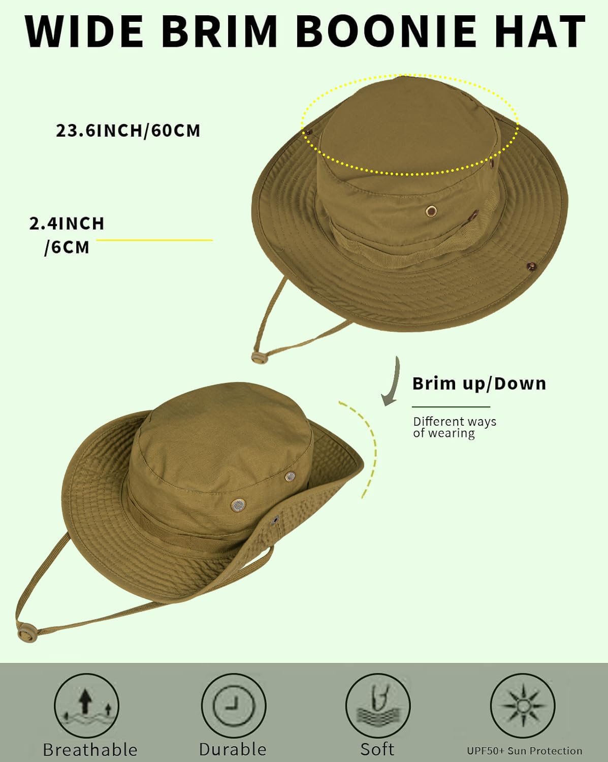 Sun Hats for Men Women Bucket Hat UPF 50+ Boonie Hat Foldable UV Protection Hiking Beach Fishing Summer Safari(1pack-Brown)