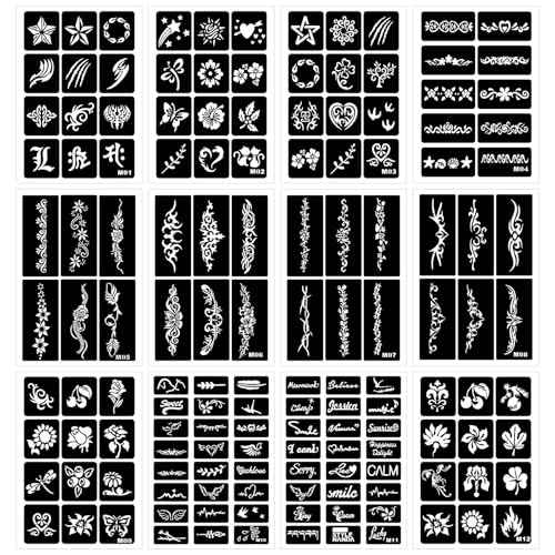 12 Temporary Tattoo Stencils,142 PCS Henna Stencils Reusable Tattoo Stencils for Face Body Art Painting for Women Men Adults Kids