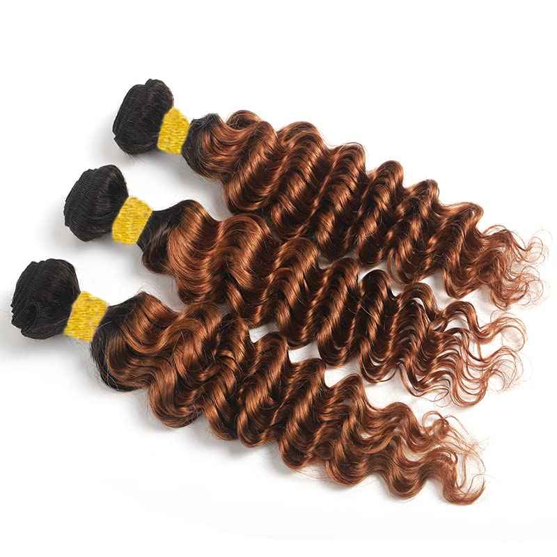 Ombre Human Hair Bundles Deep Wave Bundle 1B/30 Brown Bundles Human Hair 16 18 20 Inch Dark Brown Unprocessed Brazilian Remy Hair Extensions Salon Quality For Women Deals