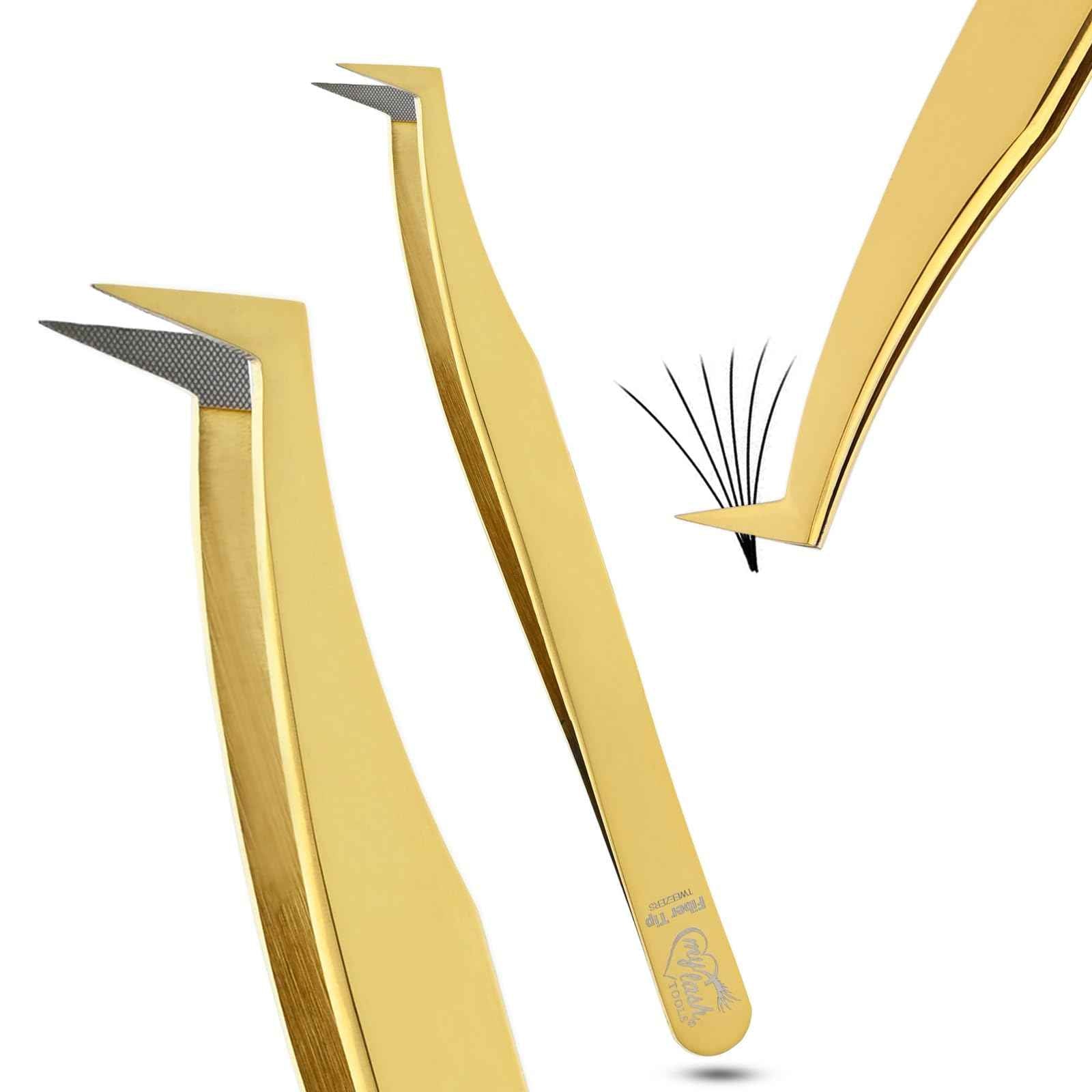 My Lash Tools Fiber Tip Lash Tweezers for Eyelash Extensions Pro Tweezer for Volume Lashes Japanese Stainless Steel Mink Lashes Fan Making Mega Volume Boot Angled Lashing Tweezers (Gold)