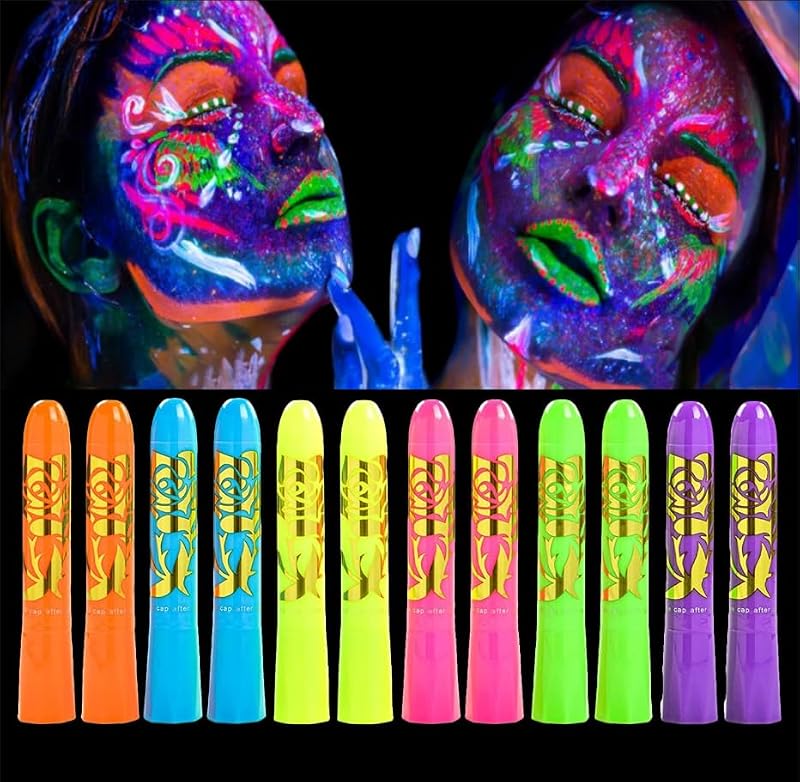 12-Pc UV Glow Face Paint Crayons Kit - Fluorescent Body Paint
