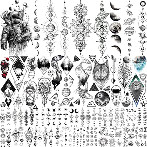 33 Sheets Outer Space Temporary Tattoos for Kids Boys Girl Women Men Adults Children, Geometry Astronaut Universe Fake Tattoo Star Moon Solar Syetem