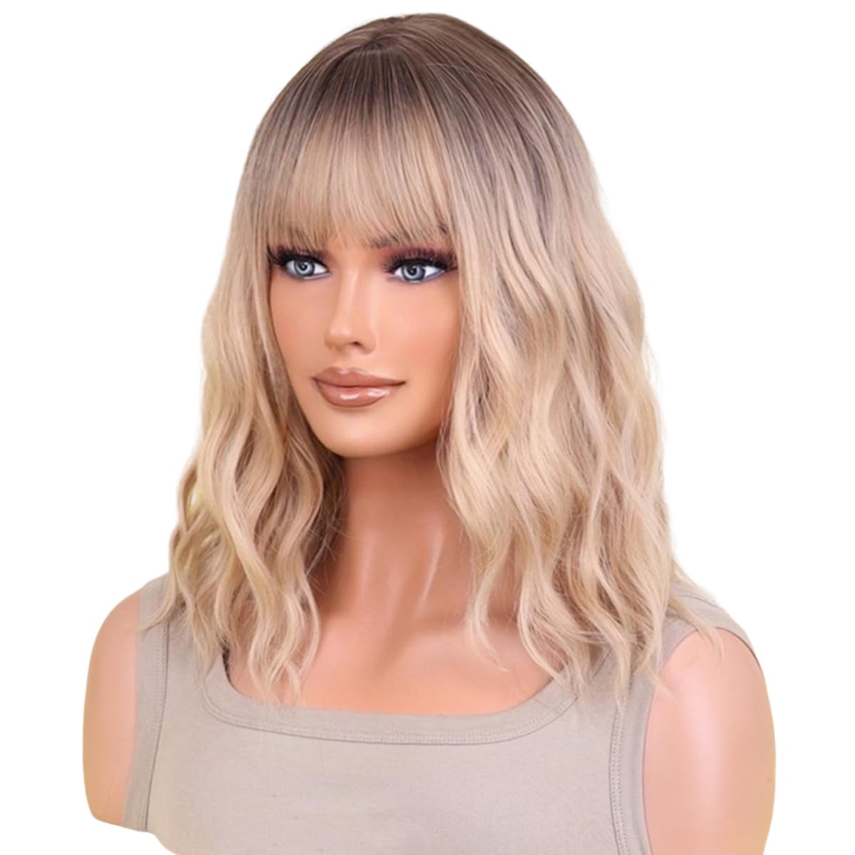 AneShe Blonde Ombre Wig Short Blonde Wavy Bob Wig for Women Curly Synthetic Hair Wig with Air Bangs Shoulder Length Ash Blonde Wigs for Party Cosplay (14" Blonde Ombre)