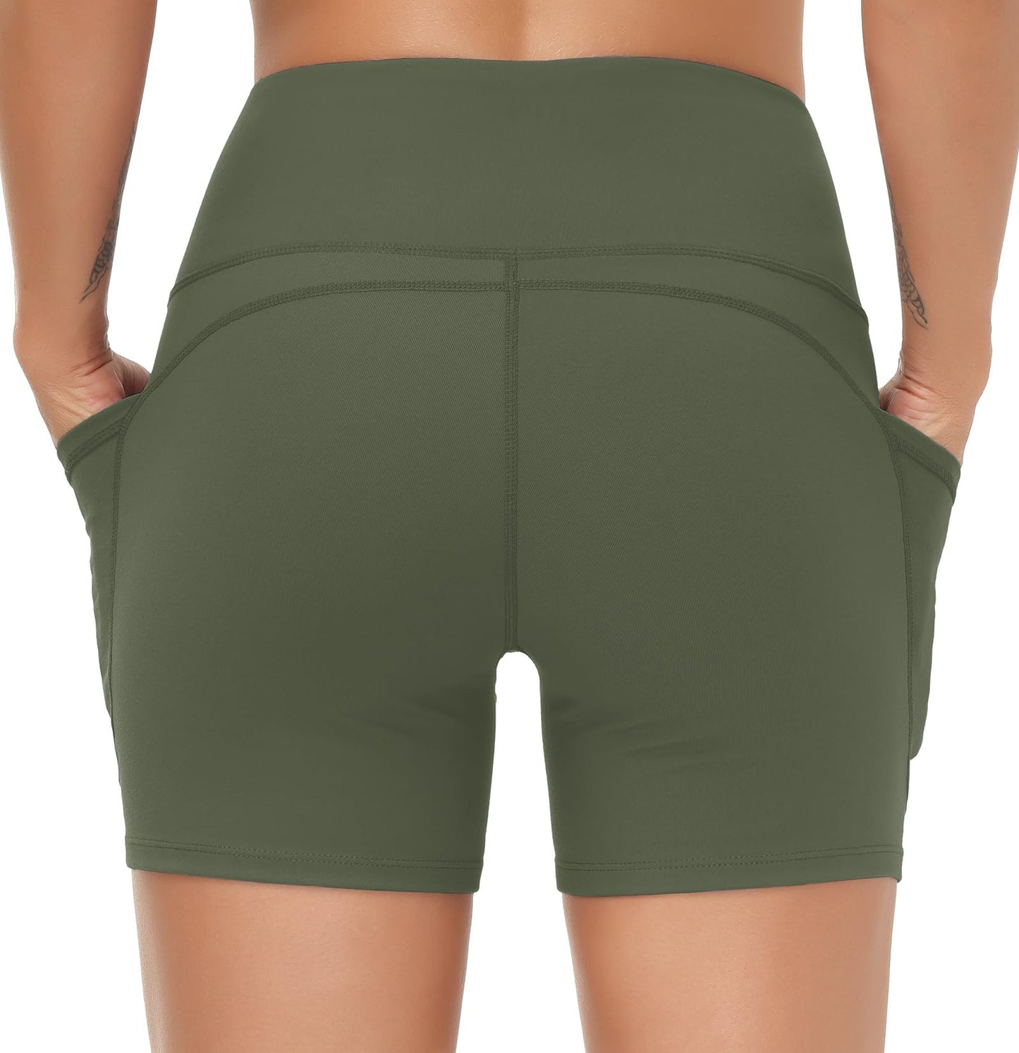 THE GYM PEOPLE High Waist Yoga Shorts for Women's Tummy Control Fitness Athletic Workout Running Shorts with Deep Pockets Bean Green