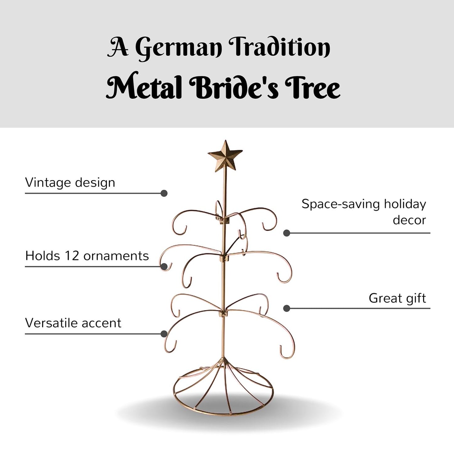 SIGNALS Christmas Tree Ornament Stand - Bride's Traditional Metal Ornament Display Tree Stand Holder - 18 Inch Table Top Christmas Tree Stand Holds 12 Ornaments