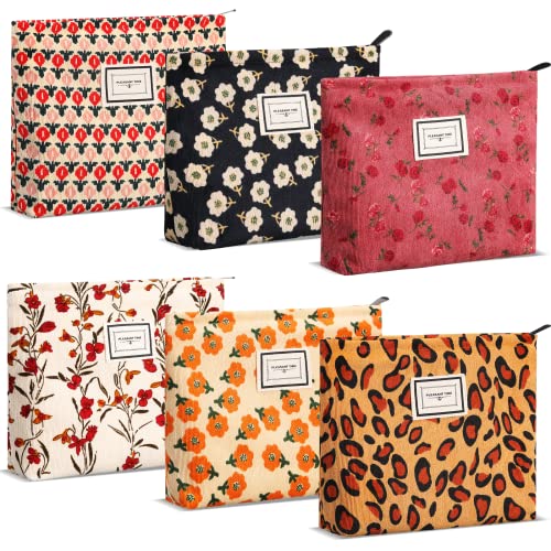 Sanwuta 6 Pcs Makeup Bag for Women Large Cosmetic Pouch Corduroy 10 x 7 Inch Large Capacity Makeup Bags Canvas Cosmetic Bags with Zipper Travel Toiletry Accessories Organizer for Women Girls(Flower)