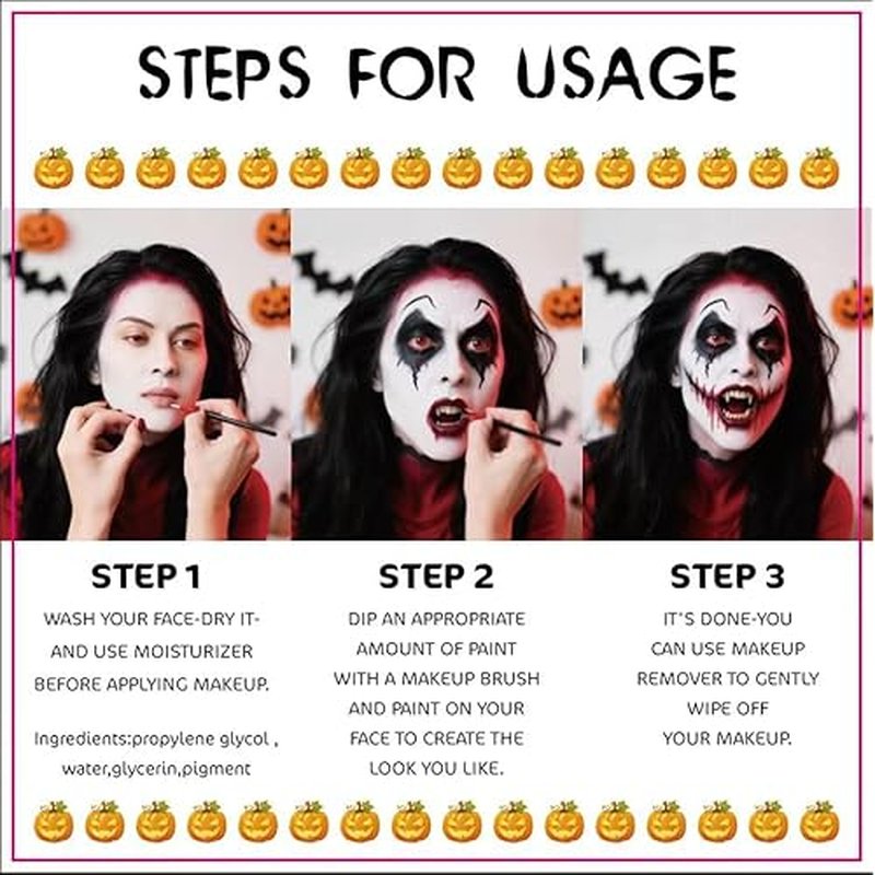 3 Color water-based Face Body Paint Set £¨Black + White + Red )with Brushes Kits Non-Toxic Easy Washable ,for Adults Halloweens Partys Cosplays Joker Zombie Vampire SFX Art Stage Makeup Adults