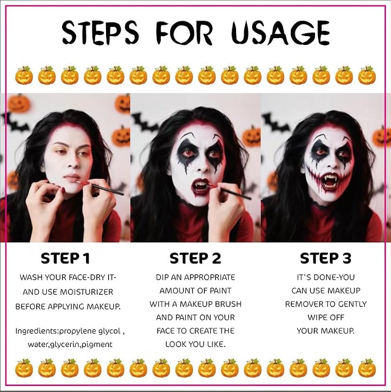 Water-Based Face Paint Set - 3 Colors with Brushes, Halloween Makeup