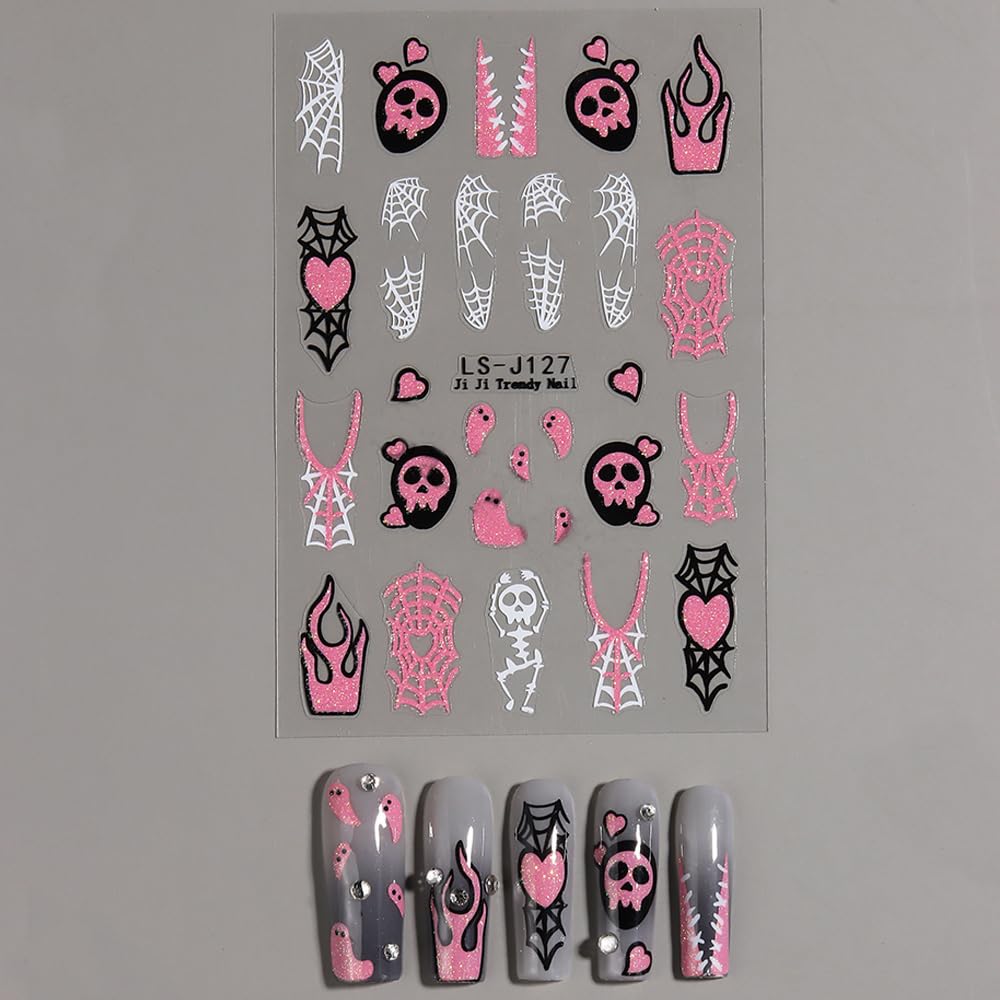 4 Sheet Halloween Nail Art Stickers Halloween 3D Self-Adhesive Cartoon Nail Stickers Decals Cute Butterfly Flame Heart Spider Web Skull Designs Halloween Nail Decorations DIY Nail Supplies for Women