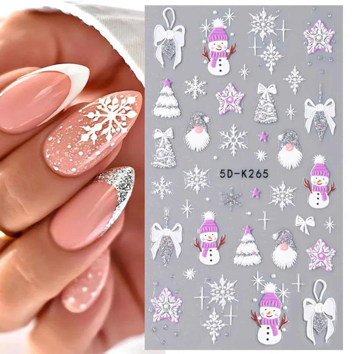 Christmas Nail Art Stickers 8 Sheet 5D Self-Adhesive Snowflake Nail Decals Sliver Glitter Xmas Tree Bell Snowman Winter Nail Art Charms Design Christmas Stickers for Women Nail Art Decoration Supplies