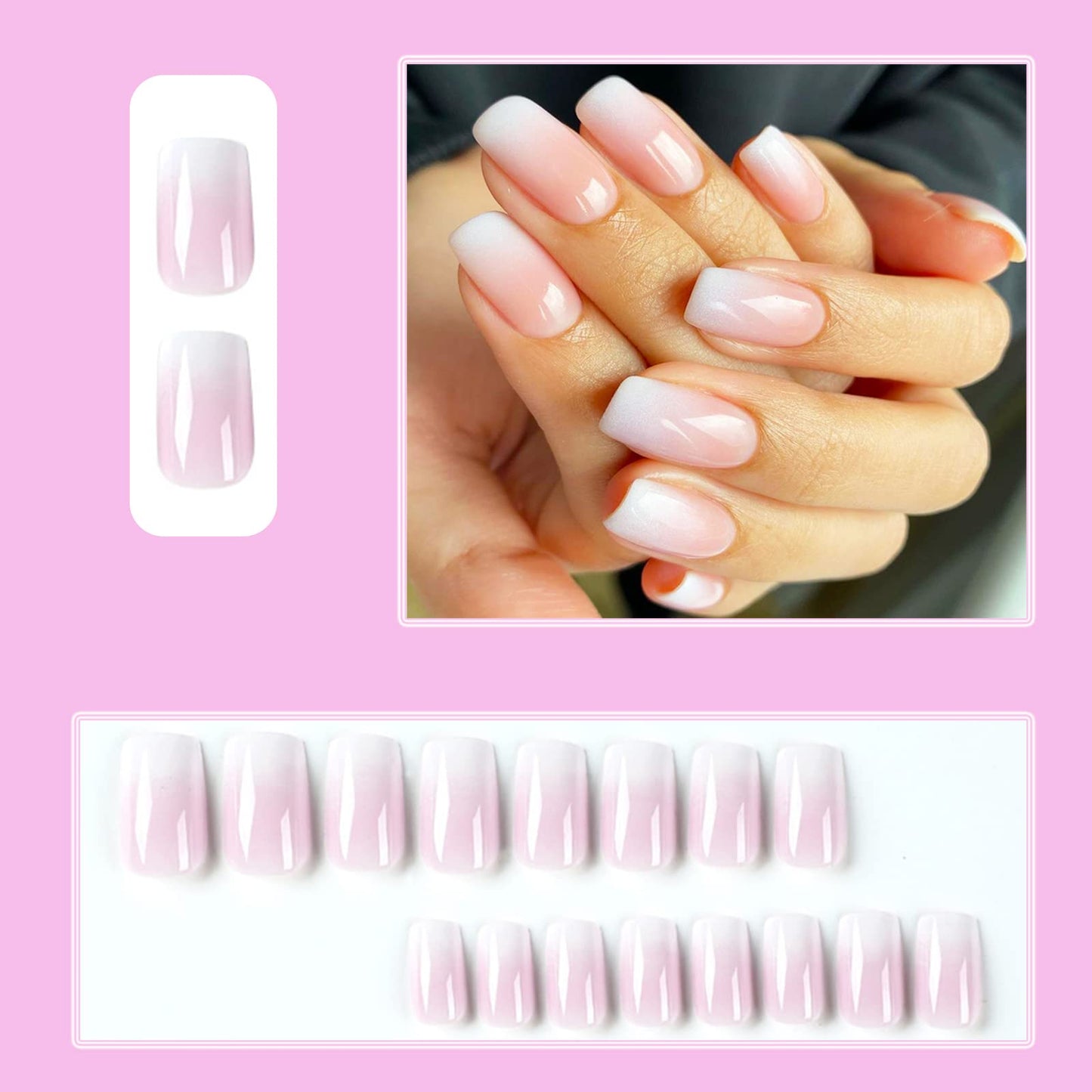 24 Pcs White French Press On Nails Medium Square - WLGDLH Fake Nails White Ombre Medium Coffin False Nails Press Ons Nail Tips Designs Acrylic Full Cover Glue/Stick on Nail Kit for Women Manicure