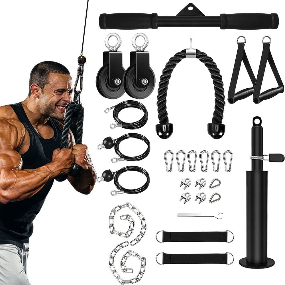 Cable Weight Pulley System for Gym, Upgraded Cable Pulley Attachments for Gym Biceps Curl, Arm Workouts, Triceps with 2 Pulley, LAT Pull Down Bar, Weight Pulley System Home Gym Add On Equipment