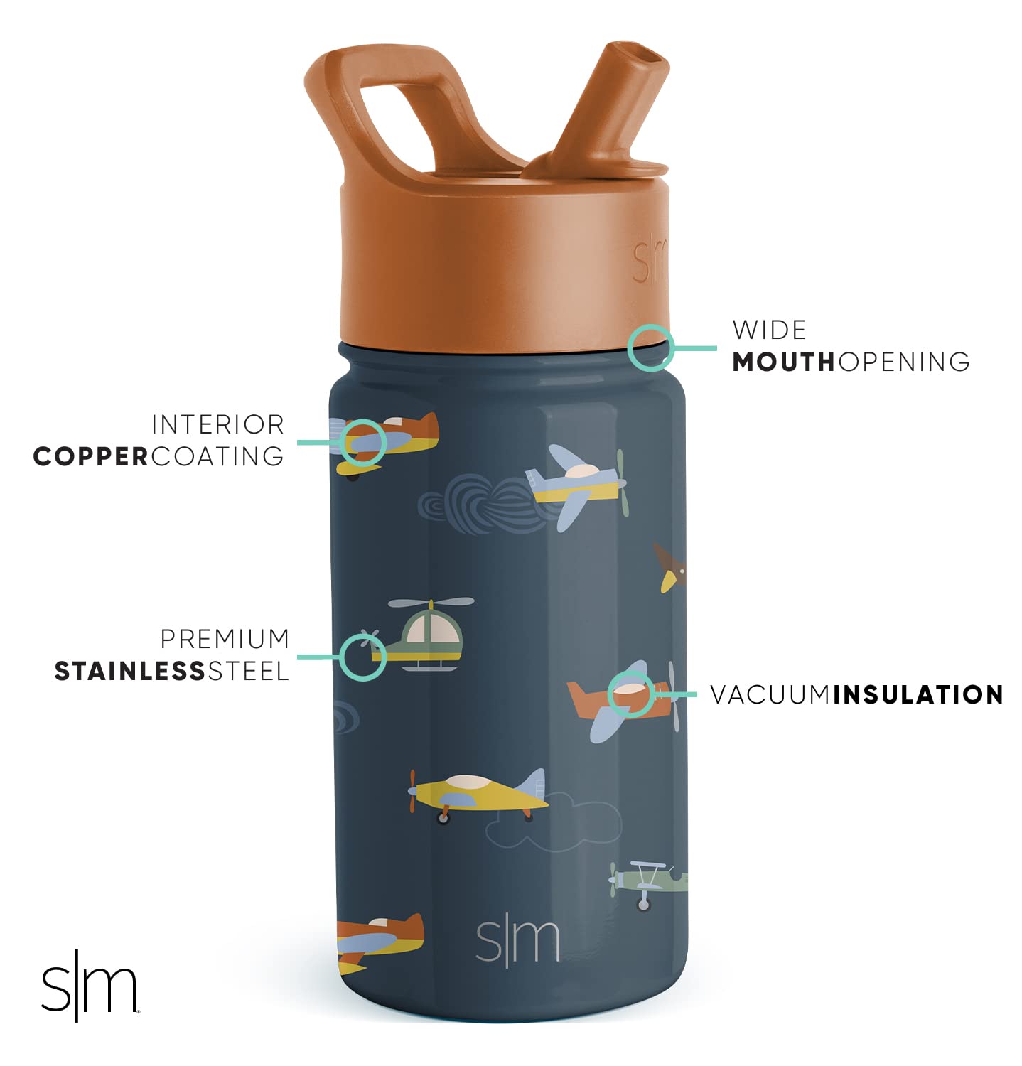 Simple Modern Kids Water Bottle with Straw Lid | Insulated Stainless Steel Reusable Tumbler for Toddlers, Boys | Summit Collection | 14oz, Wheels Up