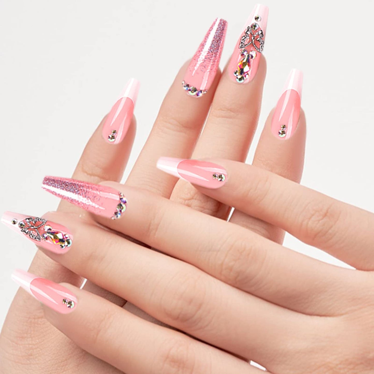 Luxury Long Press on Nails Coffin Pink Fake Nails Acrylic False Nails with Butterfly Rhinestones Design French Tip Full Cover Stick on Nails Glossy Artificial Nails Women