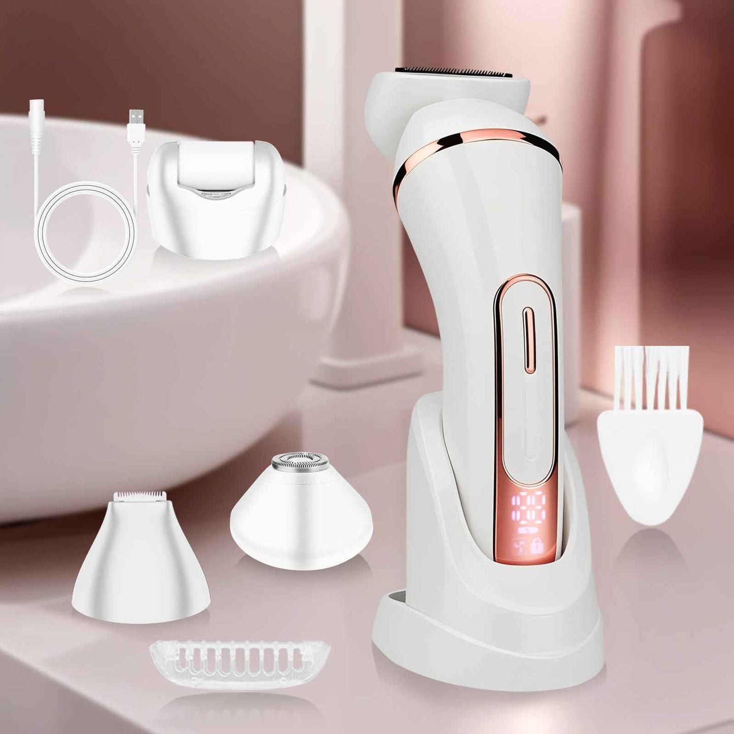 Electric Shavers for Women, 4 in 1 Hair Removal Kit with Epilator Bikini Trimmer Face Razor Body Brush Face Massager Foot Callus Remover, IPX7 Waterproof Lady Razors Set for Legs Armpit Bikini Pubic