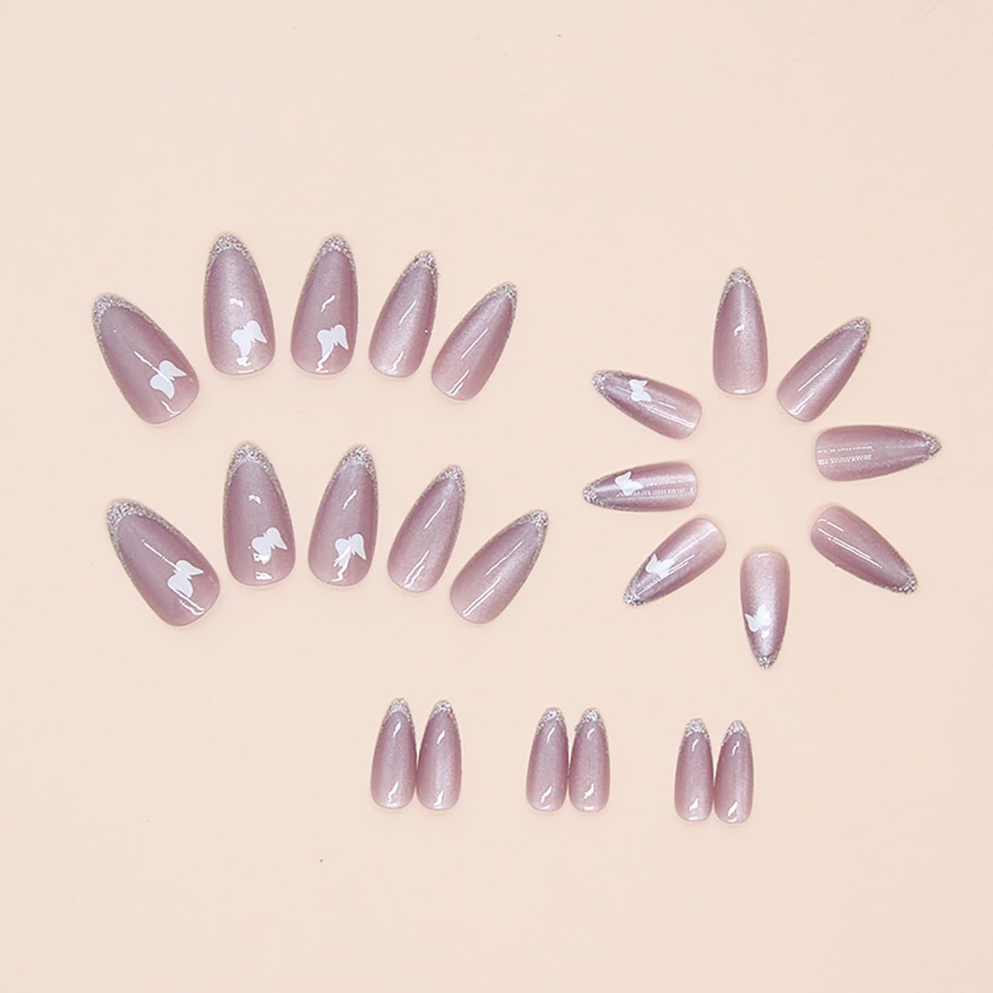 Cat Press on Nails Medium Almond Fake Nails Glitter Acrylic Nails Cute Butterfly False Nails French Tip Nails Full Cover Glue on Nails Reusable Artificial Nails for Women Girls DIY Manicure