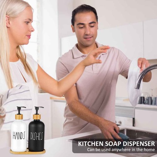 2 Pack Soap Dispenser Bottle with Bamboo Pump Soap Tray 16 Oz Refillable Hand Soap Container Reusable Detergent Bottle Glass Soap Lotion Dispenser Set for Kitchen Bathroom Shampoo